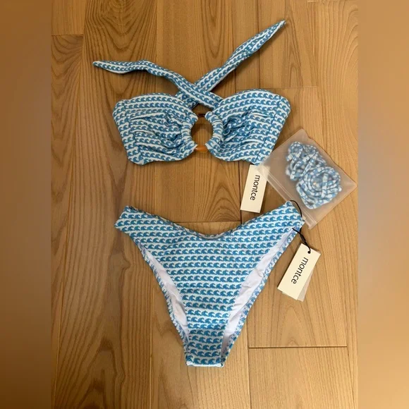 Montce Swim Bikini Set NWT Wave Repeat Tori Ties Bandeau Top & Lulu Bottoms S - Picture 3 of 13